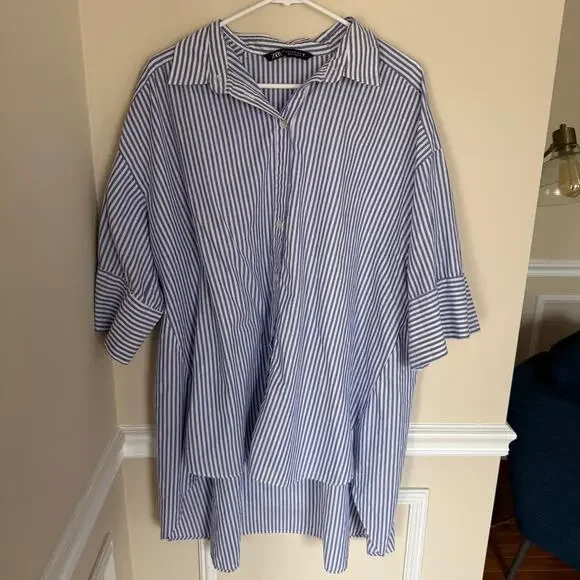 Zara Women’s Tunic-Like Blue and White Stripe Button Down Collared Top Summer - Picture 6 of 10